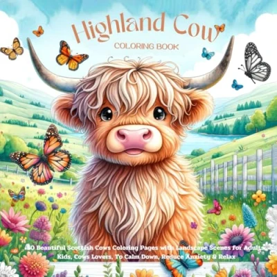 Abbildung von Highland Cow Coloring Book: 50 Beautiful Scottish Cows Pages with Landscape Scenes for Adults, Kids, Lovers, To Calm Down, Reduce Anxiety &amp; Relax