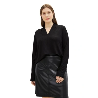 Abbildung von TOM Tailor MIT Vausschnitt Langarmshirt, Damen, Größe: 50, Deep black