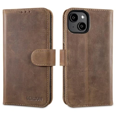 Abbildung von LENSUN Echtleder Hülle für iPhone 14, Leder Handyhülle [Kartenfach][Standfunktion][RFID Schutz] Handytasche Echtes Lederhülle 14 5G Vintage Dunkelbraun