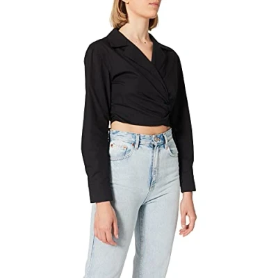Abbildung von NA KD Damen Overlap Cropped Shirt Hemd, Schwarz, 42 EU