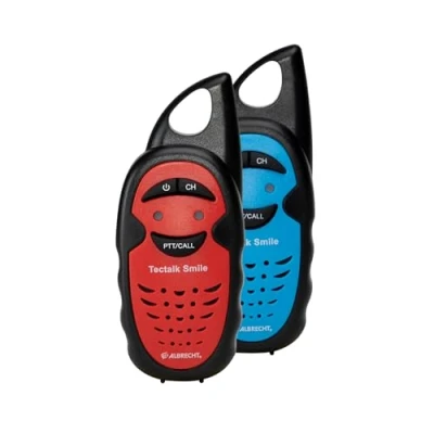 Abbildung von Albrecht Tectalk Smile Walkie Talkie, 29645, Kinder Funkgerät mit spielend Leichter Bedienung, Reichweite bis zu 3 km, Strom durch AAA Batterien, Farbe: Rot Schwarz