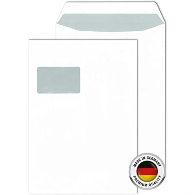 Abbildung von 30 Versandtaschen C4 weiß, mit Fenster,120g/m² Papier, Abziehstreifen, selbstklebend, 229 x 324 mm, Versandtasche, Briefumschlag, Kuvert, Geschäftsumschlag, Brief