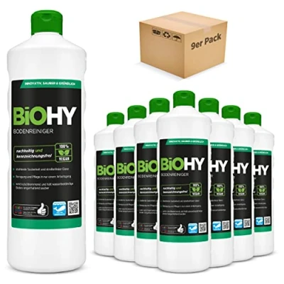 Abbildung von BiOHY Bodenreiniger (9 x 1 Liter) Konzentrat für alle Reinigungsgeräte und Hartböden angenehmer Geruch streifenfreie Reinigung ideal Laminat, PVC &amp; Stein Bio