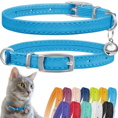 Abbildung von CollarDirect Leder Katzenhalsband mit Sicherheitsverschluss 21,5 cm Hellblau, Elastischer Gurt und Glocke für Kleine Katzen