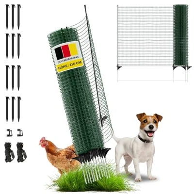 Abbildung von horizont Begrenzungszaun FIX, mobiler Zaun 15m Lang &amp; 110cm hoch, engmaschig für Garten, Camping Haustiere, inkl. 9 Fiberglaspfählen 12 Heringen, Beetschutz, Hundezaun, Absperrzaun, Steckzaun