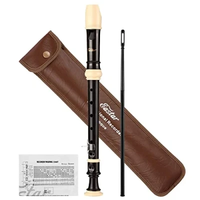 Abbildung von Eastar Sopran Blockflöte für Anfänger, Barock Stil C Tasten Instrument ABS Classic 3 teilig mit Reinigungsset, Daumenauflage, Ledertasche, Grifftabelle, schwarz, ERS 21BB