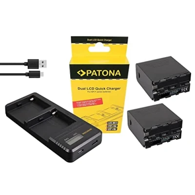 Abbildung von 2 Akkus kompatibel mit Sony NP F970 F960 (LG Zellen 10.050mAh) und LCD Display + Dual Ladegerät (USB C)