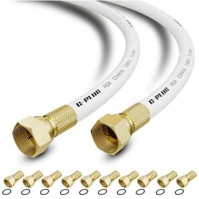 Abbildung von G PLUG 30 m Koaxialkabel für TV RG6 Antennenkabel, Kabel satelliten TV, Verlängerung Sat F Stecker HDTV, Radio, Full HD, mit 10 Kompressionsstecker, Weiß