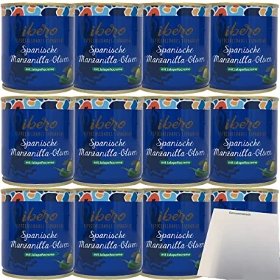 Abbildung von Ibero Spanische Manzanilla Oliven mit Jalapenocreme 12er Pack (12x200g Dose) + usy Block