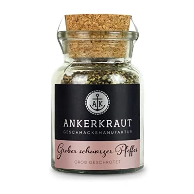 Abbildung von Ankerkraut Grober schwarzer Pfeffer, Pfeffer zum Kochen und Grillen oder mit Olivenöl auf Baguette, Pfefferkörner schwarz, für Mühle, 70 g im Korkenglas