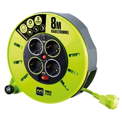 Abbildung von Masterplug Pro XT Kabeltrommel Verlängerungskabel mit 4 Steckdosen, Wickelkurbel, Thermoschutz und Netzschalter, 8 Meter gut sichtbares Kabel