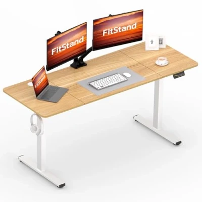 Abbildung von FitStand FQ1 160x60cm höhenverstellbarer Schreibtisch Electric Lift Desk mit Tischplatte, Stehpult, Computertisch Haken, Kindersicherung, Memory Funktion für Büro und Zuhause Ahorn