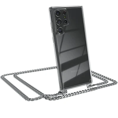 Abbildung von EAZY CASE Handykette kompatibel mit Samsung Galaxy S22 Ultra 5G Handyhülle Metal Umhängeband und Ersatz Kordel schwarz, Handykordel Schutzhülle, Stylische Kette, Silber