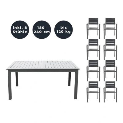 Abbildung von HOME DELUXE Sitzgruppe CASA MADERA, (inkl. 8 stapelbaren Gartenstühlen, Ausziehtisch, Terrassentisch, Balkontisch), schnell ausziehbar 160 240 cm, aus robustem Aluminium, Gartenmöbel