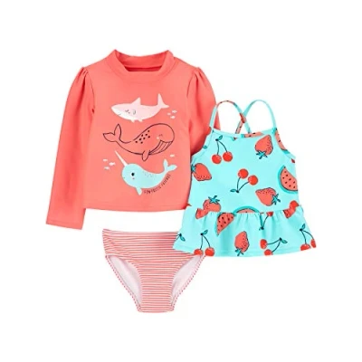 Abbildung von Simple Joys by Carter&#039;s Baby Mädchen 3 Piece Assorted Rashguard Rash Guard Set, Orange Meereswelt/Rot Früchte/Streifen, Jahre