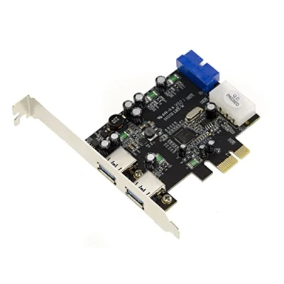 Abbildung von KALEA INFORMATIQUE PCIe 2.0 x1 USB 3.0 5G Karte 2 Externe Ports + interne auf 19 poligem Stecker. Chipsatz NEC RENESAS uPD720201.