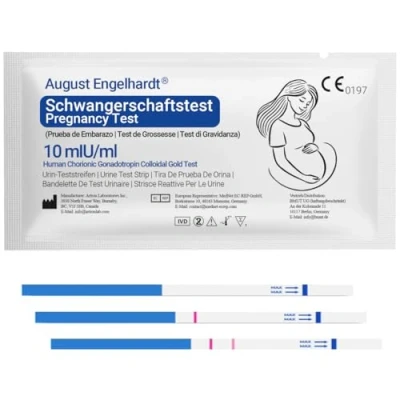 Abbildung von 10x Schwangerschaftsteststreifen 10 mIU/ml Made in Kanada Über 99 % genau Ultra Frühtest Sensitiver hCG Urintest für Zuhause Kinderwunsch &amp; Früherkennung (10x)