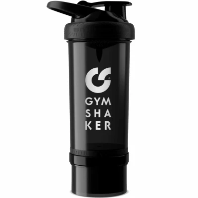 Abbildung von GYMSHAKER Protein Shaker mit Pulverfach 600 + 150 ml Trinkflasche, Pulverfach, Messmarkierungen und Mischsieb