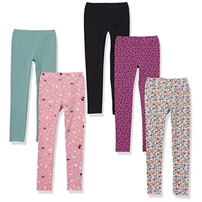 Abbildung von Amazon Essentials Mädchen Leggings, 5er Pack, Purpur Punkte/Rosa Blumen/Schwarz/Türkisgrün/Weiß Streublumen, 5 Jahre