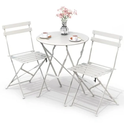 Abbildung von VOUNOT Bistroset 3 teilig, Klappbar Bistrotisch mit 2 Stühlen, Gartenmöbel Set Balkonset Gartengarnitur, Sitzgruppe Metall, Bistro Outdoor, Weiß