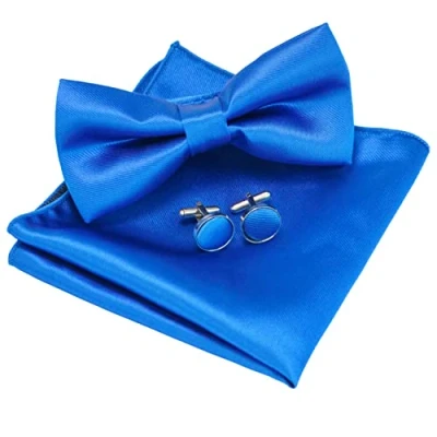 Abbildung von JEMYGINS Einfarbig Fliege und Einstecktuch mit Manschettenknöpfe Sets für Herren,Blau