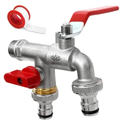 Abbildung von SHYNE Premium 1/2 Zoll Doppel Wasserhahn aus Messing rost , und frostsicher + 2X Gratis Schlauchanschlüsse PTFE Band Ebook für Garten, Waschmaschine, Regentonne