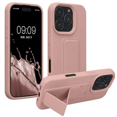 Abbildung von kwmobile Handyhülle kompatibel mit Apple iPhone 16 Pro Hülle Fingerhalter und Standfunktion Silikon Case Handy Cover in Altrosa