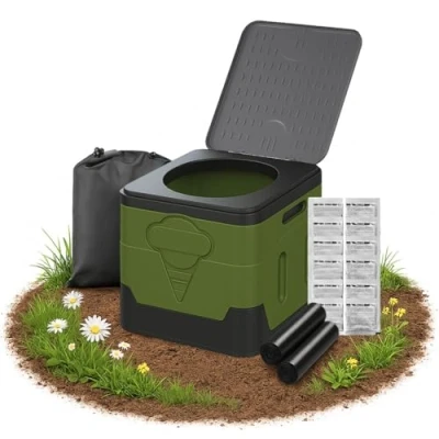 Abbildung von Faltbare Campingtoilette mit Deckel, tragbare Reisetoilette für Erwachsene, inkl. Toilettenbeuteln, Gerinnungspulver, Aufbewahrungstasche, Wohnmobiltoilette Picknick, Wandern, Angeln, Farbe Grün