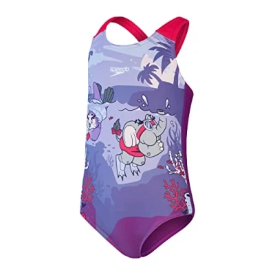 Abbildung von Speedo Mädchen Learn to Swim Printed Crossback Badeanzug, Magic Sangria/Sweet Taro/Hellium, 6 9 M