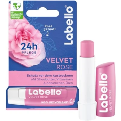 Abbildung von Labello Velvet Rose Lippenpflegestift, Lippenpflege mit dezentem Rosenduft für 24h Feuchtigkeit, pflegender Lippenbalsam Sheabutter und Jojoba Öl (4,8 g)