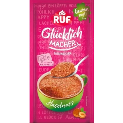 Abbildung von RUF Glücklichmacher Tassenkuchen Haselnuss, trendiger Nusskuchen mit crunchy Haselnussstückchen, in 90 Sekunden fertig, einfach Milch anrühren, 1 Portion