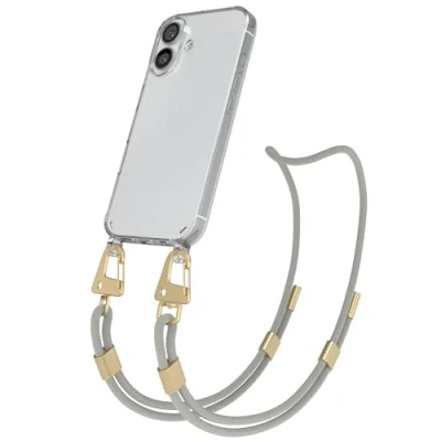 Abbildung von EAZY CASE Handykette mit Karabiner kompatibel iPhone 16 Hülle Silikon Fallschutz transparente Handyhülle für Apple Kette zum Umhängen Schutzhülle in Taupe Transparent Gold