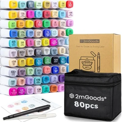 Abbildung von 2mGoods Marker Alkohol mit Doppelspitze, (inkl. Musterkarte, Aufbewahrungstasche, Feinliner und Highlighter, Copic Set, Twin Marker, Filzstifte für Erwachsene), Graffiti Stifte, schnelltrocknend, geruchsarm, lichtbeständig