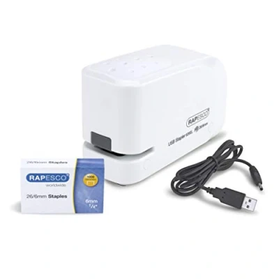 Abbildung von Rapesco 1453 626EL Automatisches USB/Batterie Heftgerät mit 1000 26/6mm Heftklammern, 15 Blatt Heftleistung, Weiß