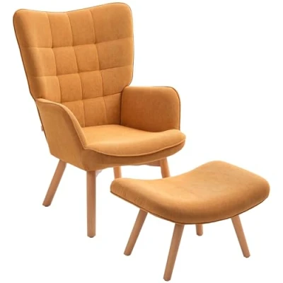 Abbildung von HOMCOM Sessel mit Hocker, Ohrensessel Hoher Rückenlehne, Holzbeine, Loungesessel getuftetem Design, Cord Optik, für Wohnzimmer, Braun
