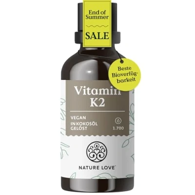 Abbildung von NATURE LOVE® Vitamin K2 MK7 200µg 1700 Tropfen (50ml) Höchster all trans Gehalt 99,7+% Hochwertig: K2VITAL® von Kappa gelöst in MCT Kokos Öl Hochdosiert, vegan &amp; Deutschland produziert