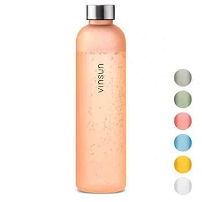 Abbildung von Vinsun Trinkflasche 1L Kohlensäure geeignet Orange Transparent, BPA frei, bruchsicher, Geruchs und Geschmacksneutral, auslaufsicher