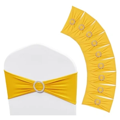Abbildung von VEVOR Stretch Stuhlschärpen aus Spandex, Stuhlhussen &amp; mit Runder Schnalle, Elastische Stuhlbänder, Passende Stuhldekoration für Hochzeiten, Feiertage (50 Stück, Goldgelb)