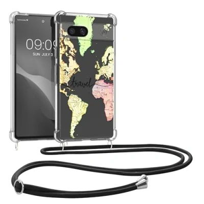 Abbildung von kwmobile Necklace Case kompatibel mit Google Pixel 7a Hülle Silikon Cover Handykette Schwarz Mehrfarbig Transparent Travel Schriftzug