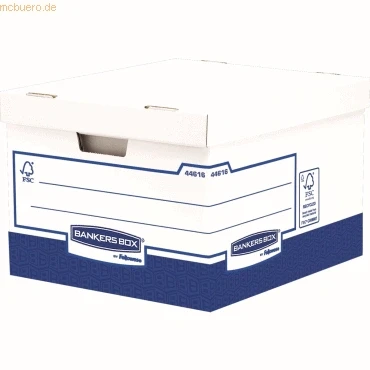 Abbildung von BANKERS BOX Archivkarton Besonders stabile Archivbox mit 2 Schichten aus doppelter Wellpappe an Trageseiten und am Boden, blau/weiß 10 Stück