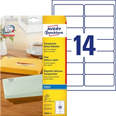 Abbildung von AVERY Zweckform J8563 25 Adressetiketten/Adressaufkleber (350 Etiketten, 99,1x38,1mm auf A4, bedruckbar, selbstklebend, für DIN lang Briefkuverts, Polyesterfolie, Inkjet Drucker) Blatt, transparent