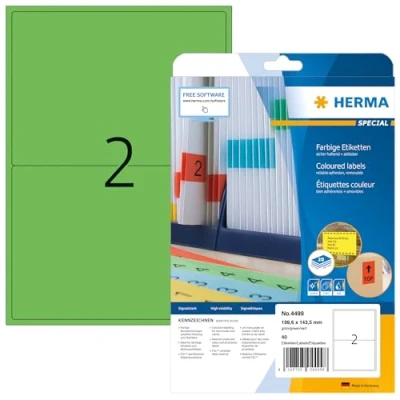 Abbildung von HERMA 4499 Farbige Etiketten grün ablösbar, 20 Blatt, 199,6 x 143,5 mm, 2 pro A4 Bogen, 40 Stück, selbstklebend, bedruckbar, matt, blanko Papier Farbetiketten Aufkleber