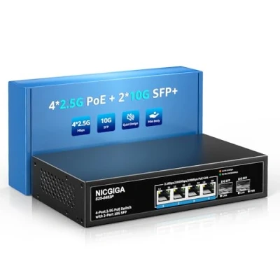 Abbildung von NICGIGA 4 Port 2,5G PoE Switch, Nicht verwaltet, mit x 2,5 Gb Base T PoE+@78 W + 2 10G SFP Uplink, Gbe IEEE802.3af/at Power Over Ethernet unterstützt WiFi6 AP, NAS, 4K Kamera NVR.