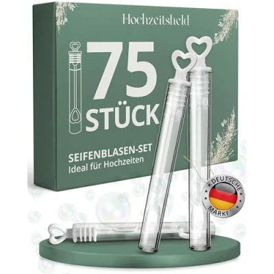 Abbildung von HOCHZEITSHELD Seifenblasen Hochzeit 75 Stück mit weißem Herz Griffstück Optimal als Standesamt Deko oder Überraschung Perfekt Hochzeitsdeko Tisch Freudentränen Mini Luftblasen