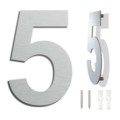 Abbildung von Edelstahl Hausnummer Wetterfest und Pflegeleicht Metallic Mattes Silber Finish Moderner Schwebender Aussehen Einfache Installation Höhe 152 mm Arial Ziffer 5