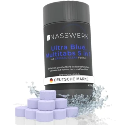 Abbildung von NASSWERK 5 in 1 Chlortabletten für Pool 20g (1kg) Langzeit Ultra Blue Multitabs &amp; Whirlpool Mini Chlortabs mit Chlor, Algizid, pH Regulierer, Reiniger Aquamarin klares Wasser