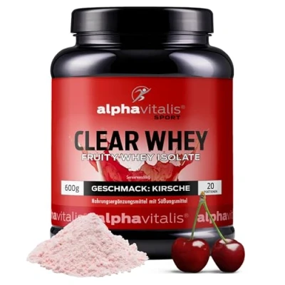 Abbildung von Clear Whey Isolate Pulver KIRSCHE 600g Protein mit leckerem, fruchtigem Geschmack Intra + Post Workout Proteinlimo als erfrischende Alternative zu Eiweißpulver Milch
