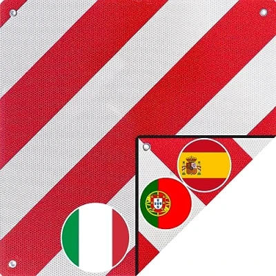 Abbildung von MAGMA 2in1 Warntafel Italien und Spanien Fahrradträger. für Heckträger, Anhänger, Warnschild Wohnwagen, Wohnmobil, Auto. Camping, Abschleppen Rot weiße Streifen, reflektierend