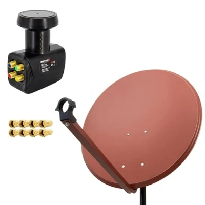 Abbildung von Premium X Satelliten Komplettanlage 100cm Satellitenschüssel Aluminium Rot Satellitenantenne Quad LNB F Stecker, SAT bis 4 Teilnehmer