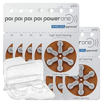 Abbildung von 60x Varta Power One 312 Hörgerätebatterien 10x6er Blister PR41 Braun 24607 + Aufbewahrungsbox für 2 (10, 13, 312, 675), Batteriebox Knopfzellen bis 12 mm x 6 (Ø H)